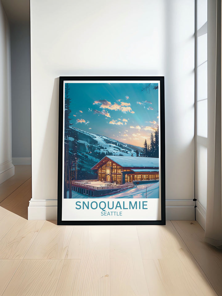 Capture the essence of The Summit at Snoqualmies alpine charm with this art print, featuring the cozy lodge and its stunning surroundings.