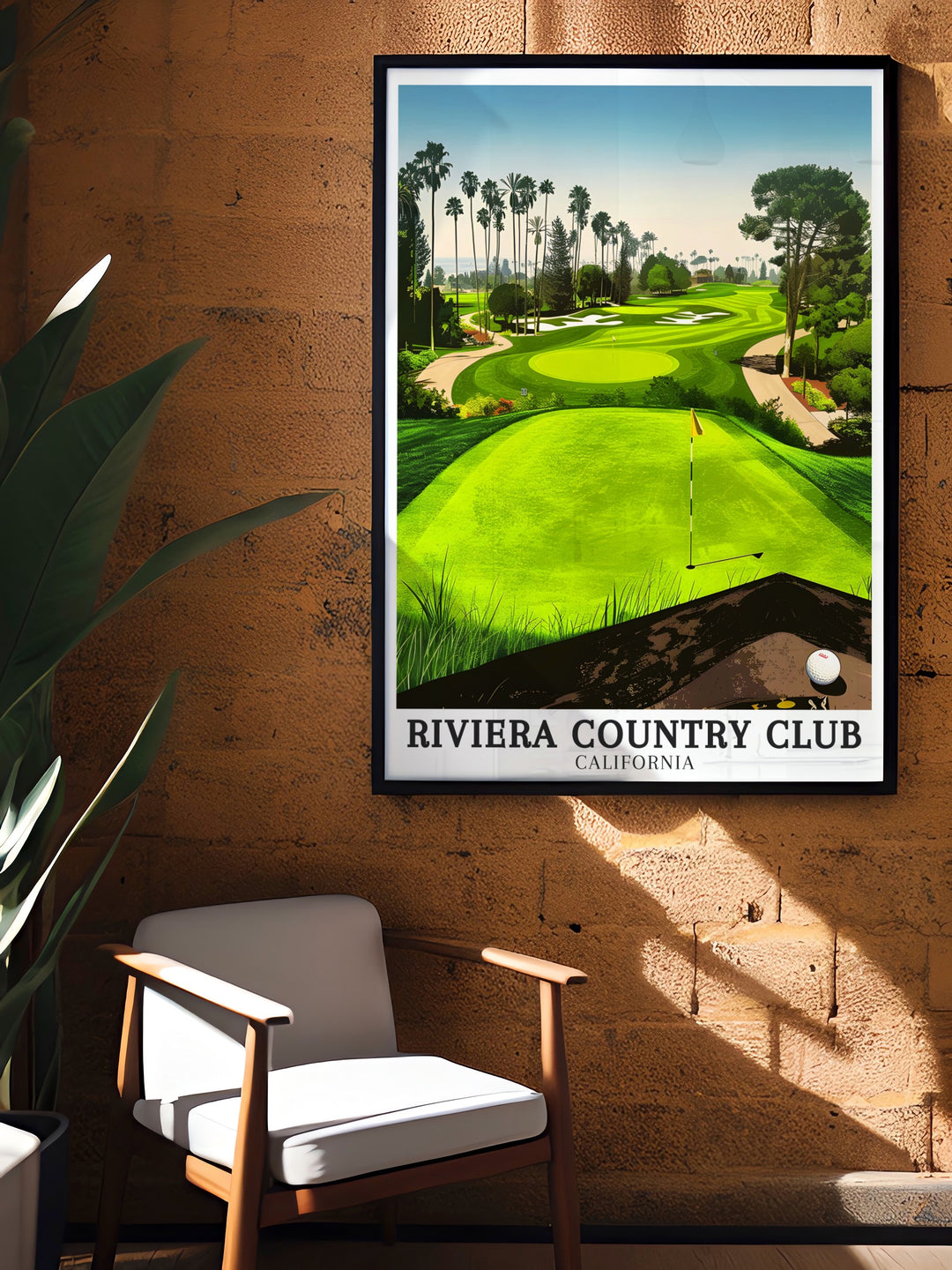 A stunning golf poster featuring the Riviera Country Clubs 1st tee and the rolling hills of Pacific Palisades. This travel print is perfect for adding a touch of golfing history and natures beauty to any room, a great gift for anyone passionate about the game.