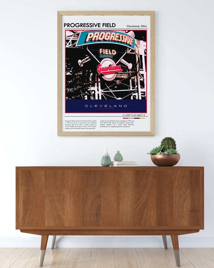 Classic retro MLB print of Progressive Field with the Cleveland Guardians capturing the excitement of baseball