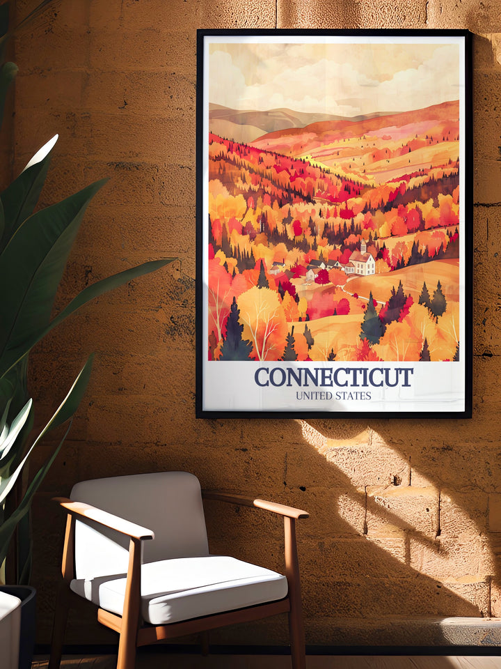 Connecticut travel poster featuring Bridgeport and Litchfield Hills New England town designed as a vintage style print for home decor this Connecticut print makes a perfect gift for anyone who appreciates personalized art for special occasions like birthdays or Christmas.