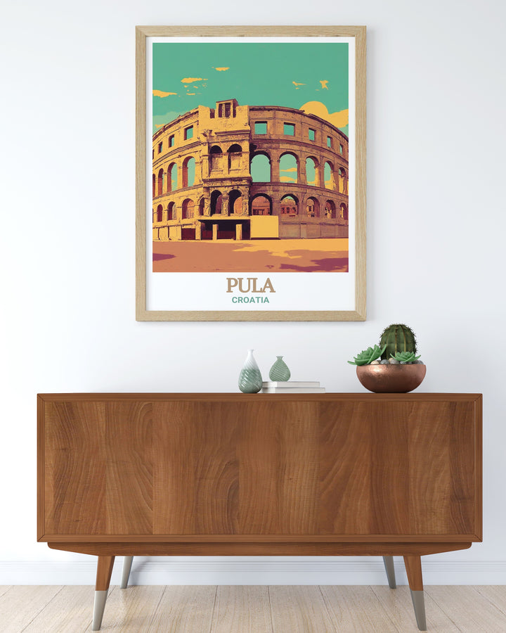 Celebrate the timeless appeal of Pula with this stunning art print featuring the Pula Arena. The rich colors and intricate details of the amphitheater make this poster a perfect addition to any space that values cultural and architectural beauty.