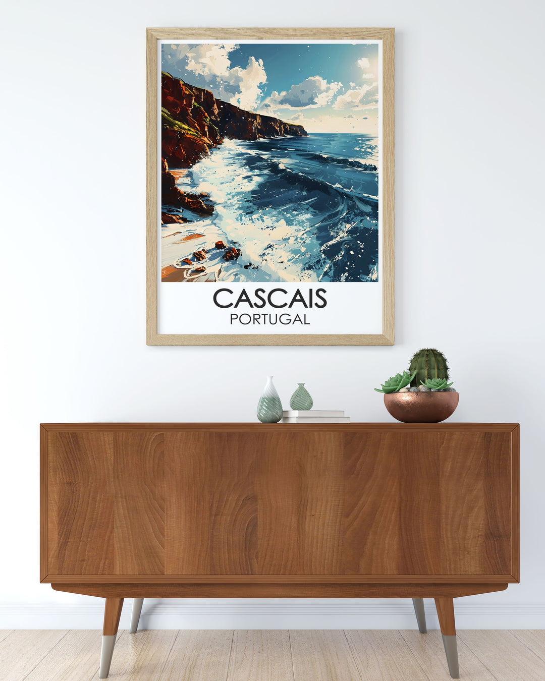 The breathtaking coastline of Cascais, captured in vibrant detail, emphasizing the beauty of its beaches and the dramatic cliffs of Boca do Inferno.