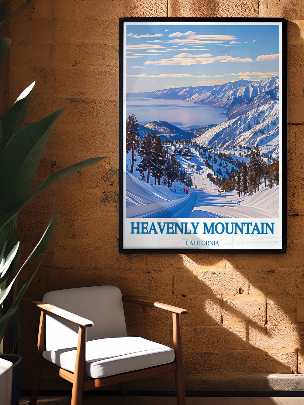 Snowy slopes of Heavenly Ski Resort with skiers enjoying the pristine winter conditions. This artwork highlights the excitement and beauty of downhill skiing amidst the breathtaking mountain scenery. Perfect for enthusiasts who cherish winter sports and mountain vistas in their decor.