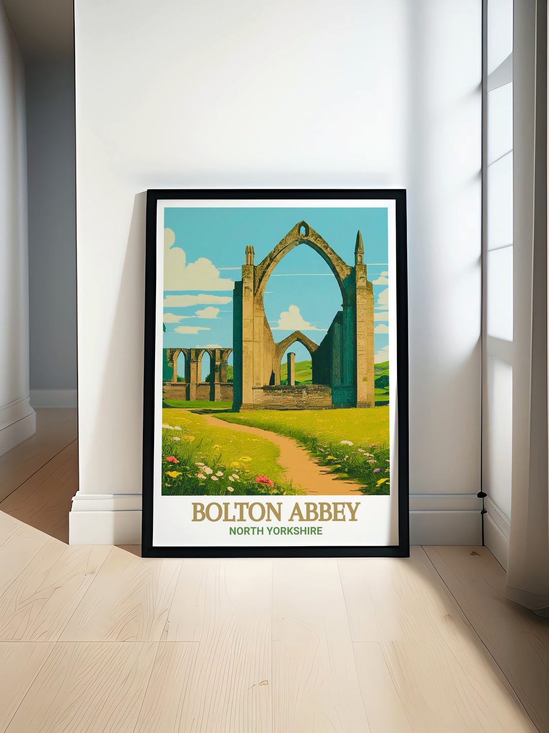 Bolton Priory Ruins art print showcasing the serene landscapes of the Yorkshire Dales featuring the historic Bolton Abbey ruins set against the lush greenery of North Yorkshire perfect for adding a touch of nature and history to any home or office decor.