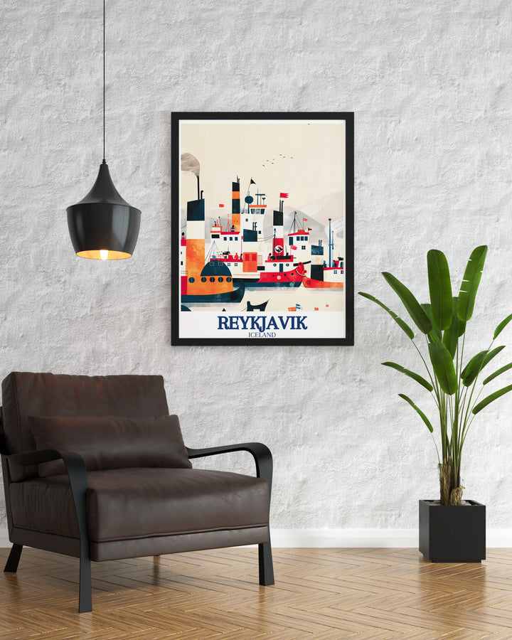 Reykjavik poster print showcasing the vibrant cityscape of Icelands capital, blending modern architecture with historical landmarks. This travel print brings Reykjaviks unique charm into your home, making it a perfect addition to any space.