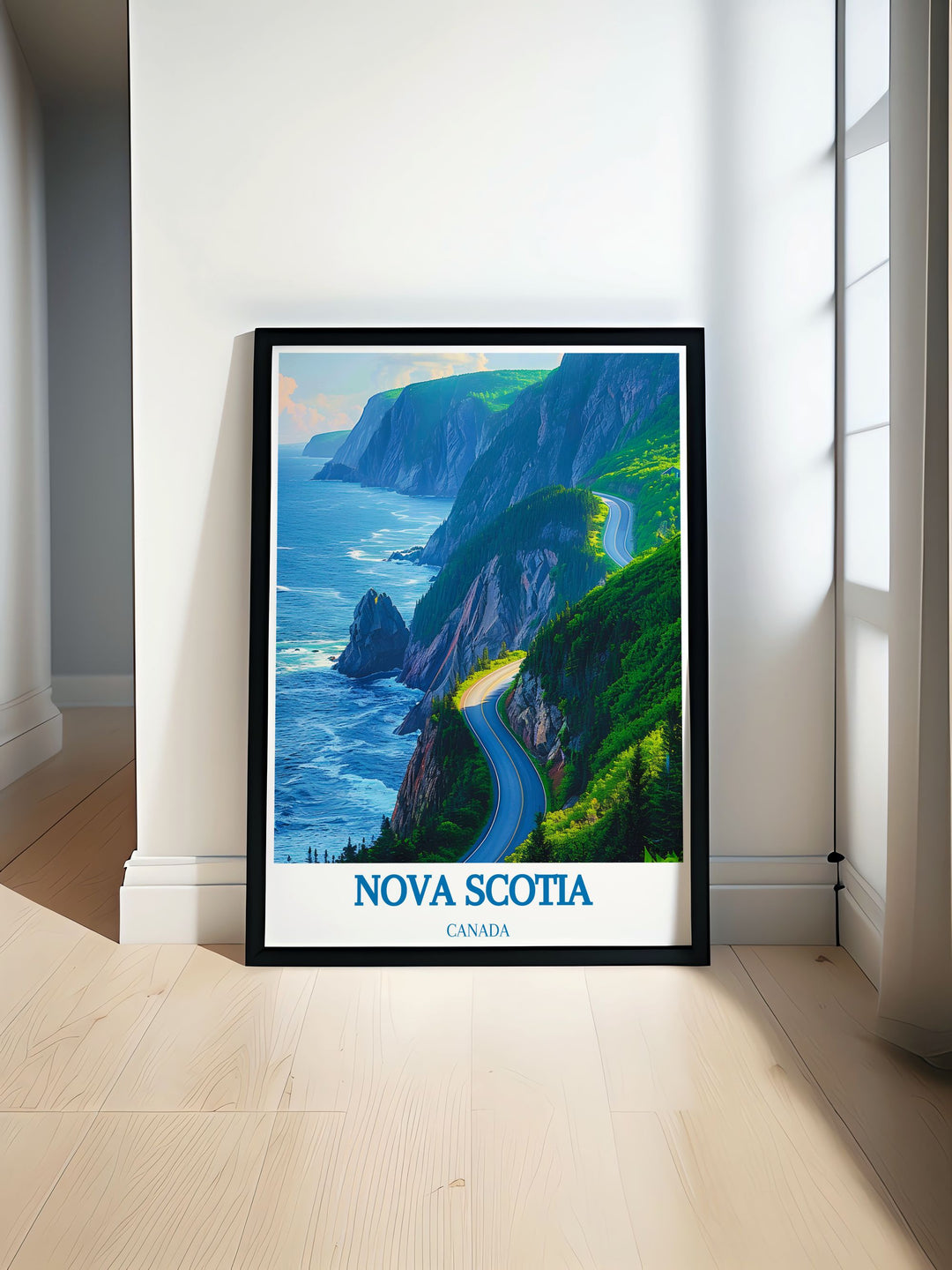 Cabot Trail print showcasing the breathtaking scenery of Nova Scotia in vibrant colors. Perfect for home decor and a unique gift for Canada enthusiasts. This artwork beautifully illustrates the rugged coastlines and lush forests of the Cabot Trail.