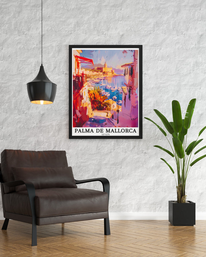 Vivid Spain wall print capturing the energy of Paseo Marítimo and the peaceful scenery of Palma Bay. The detailed artwork brings to life the coastal attractions of Palma de Mallorca, perfect for adding a touch of Spain to any room