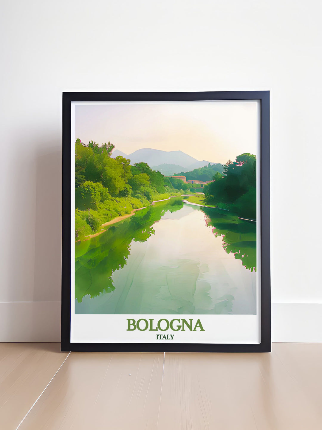 Stunning Bologna art print highlighting the medieval towers and lush banks of the Reno River, ideal for history buffs and nature enthusiasts.