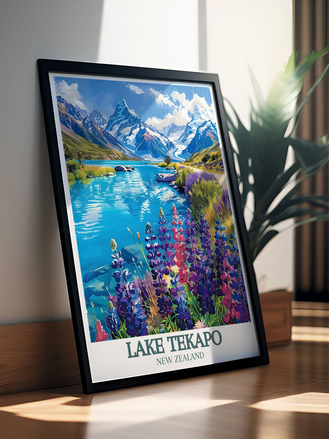 This art print features the picturesque Lake Tekapo, capturing its serene waters and the surrounding majestic mountains. Ideal for those who love peaceful settings and natural beauty, this poster brings the charm of New Zealand into your decor.