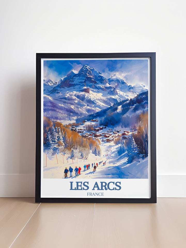 Paradiski ski area Mont Blanc vintage print highlighting Les Arcs and its majestic slopes perfect for creating a cozy inviting atmosphere and celebrating winter sports