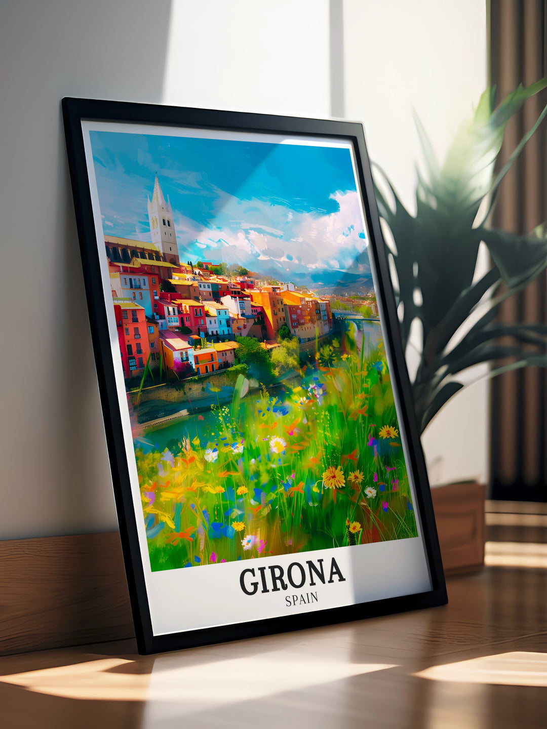 Beautiful Spain wall print of Girona, featuring the majestic Girona Cathedral and the reflective Onyar River. The detailed artwork captures the timeless beauty of these landmarks, making it a thoughtful Spain travel gift or a striking addition to any home decor