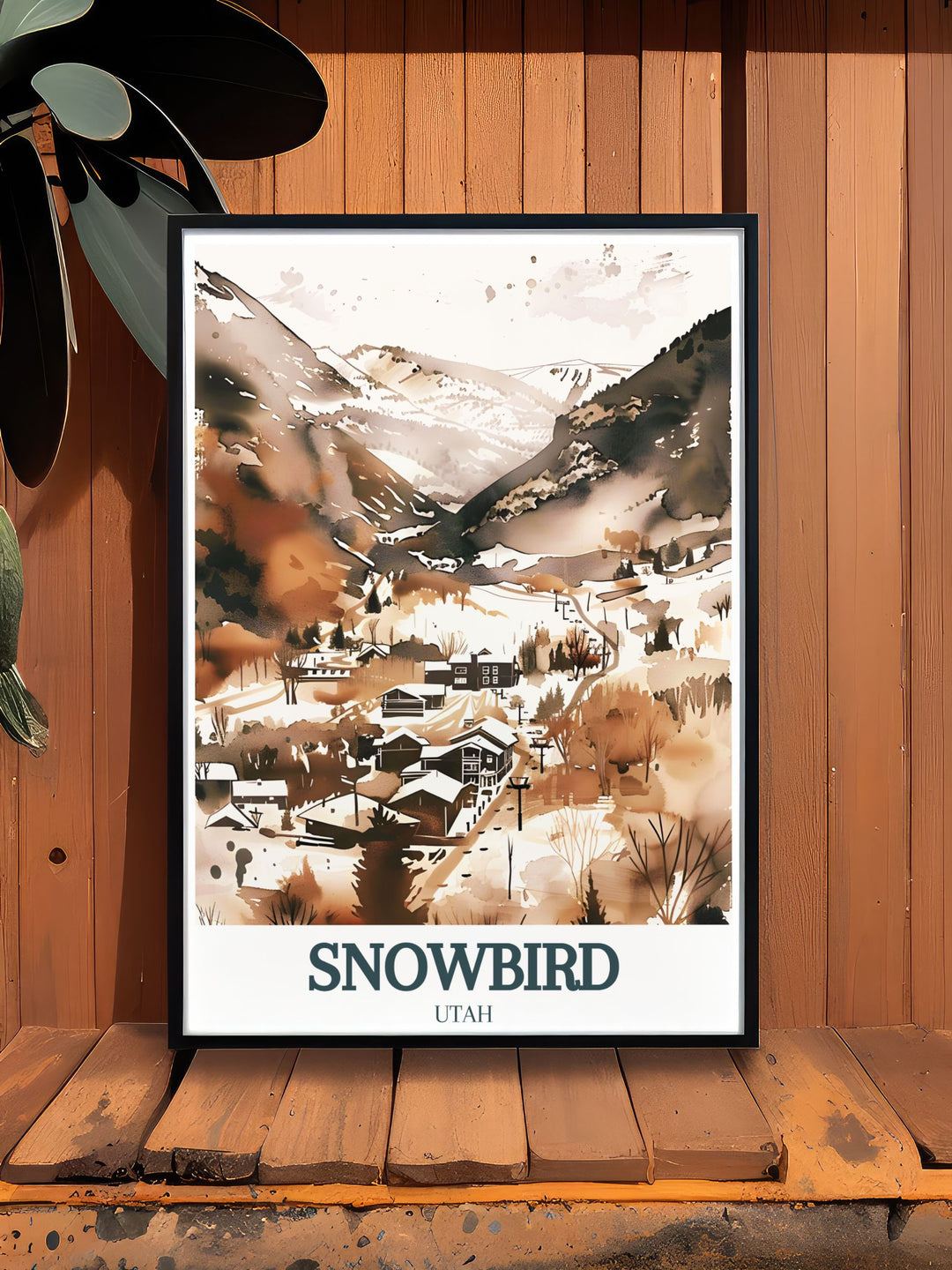 Hidden Peak and Cliff Lodge artwork featuring a detailed and stylish representation of the snowy landscape of Park City Utah. This ski resort poster highlights the grandeur of Hidden Peak and Cliff Lodge with its sophisticated and vintage charm.