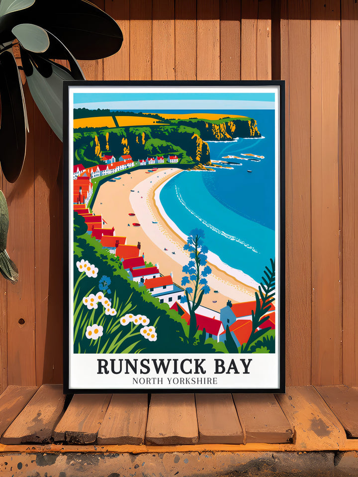 National Park poster featuring Runswick Bay Village along the Cleveland Way Runswick an ideal wall decor piece for nature lovers and hikers celebrating the beauty of North Yorkshire and the Cleveland Way with elegant and sophisticated home decor