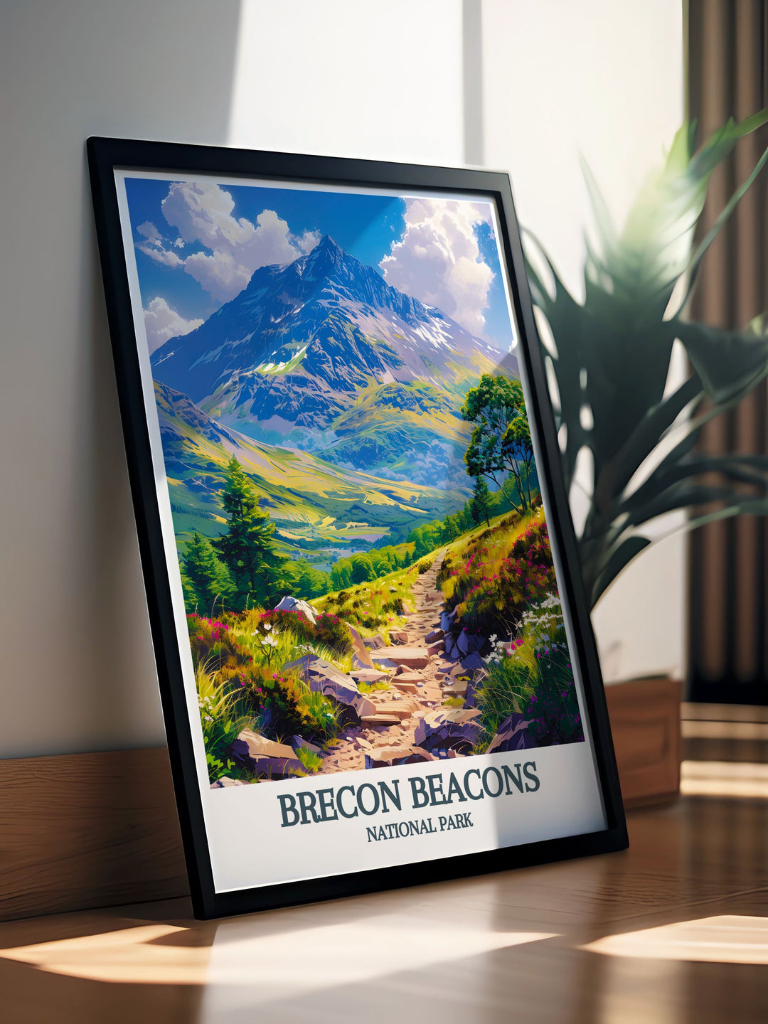 Retro travel poster of Brecon Beacons National Park showcasing the iconic peaks of Pen Y Fan and Corn Du. This artwork captures the natural beauty of Wales with a nostalgic touch ideal for any wall art collection