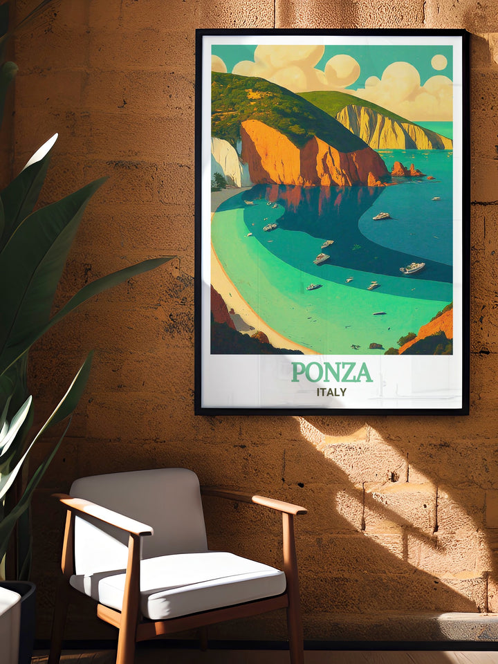 The serene beauty of Chiaia di Luna in Ponza, Italy, is captured in this elegant print. The artwork reflects the tranquil atmosphere and natural splendor of this hidden gem, offering a glimpse into one of Italys most picturesque beaches. Perfect for adding a touch of Italian charm to your decor, this piece celebrates the timeless beauty of Ponza.