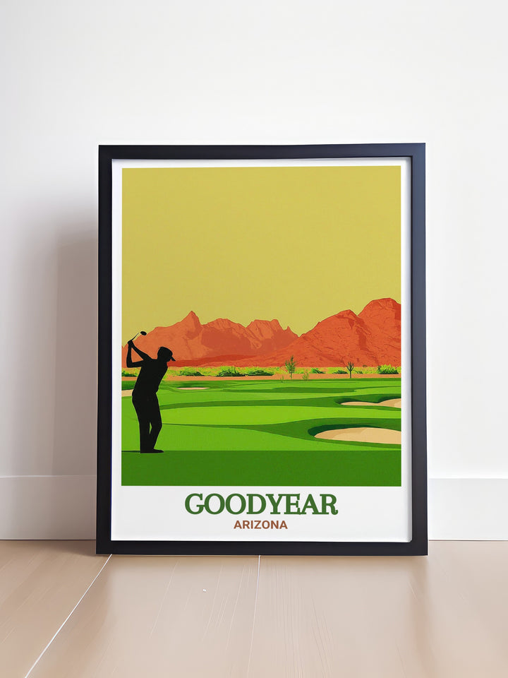 The Palm Valley canvas print captures the vibrant contrast of Arizonas desert and the golf courses green fairways. This artwork is ideal for golf enthusiasts who want to bring the sports elegance into their home. The prints bright colors and serene composition will remind you of your favorite golf getaway.