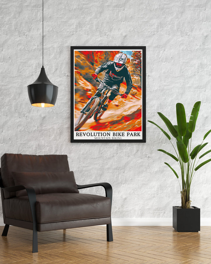 Cycling wall art from Revolution Bike Park. Celebrating the picturesque landscapes and challenging courses, these prints are a tribute to the spirit of adventure. Ideal for adding a sense of excitement to any space.