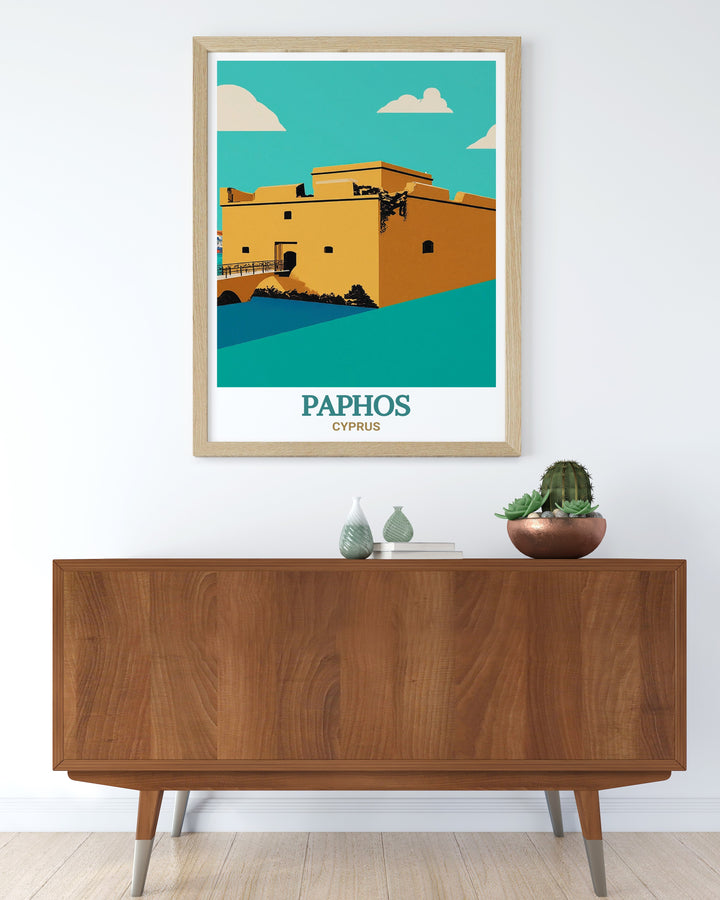 Step into the world of ancient Cyprus with this vintage poster of Paphos Castle, capturing the romance and history of the island. The retro inspired design and muted tones evoke a sense of nostalgia for the islands timeless stories and historic landmarks.