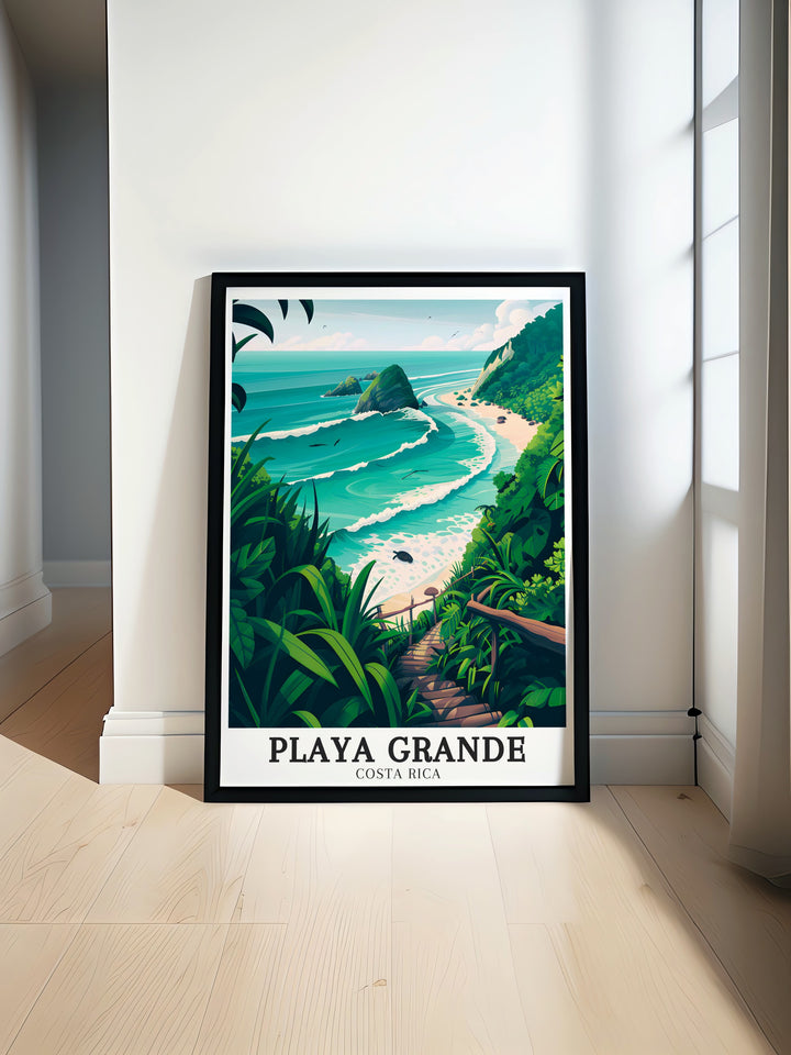 Transport yourself to the stunning beaches of Costa Rica with this travel poster. Featuring Playa Grande and the peaceful Playa Nancite within Santa Rosa National Park, this print is ideal for those who cherish the outdoors and coastal landscapes.