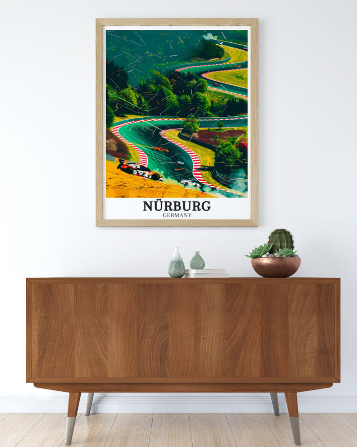 This canvas art of Nürburg and the Nürburgring Nordschleife brings the speed and excitement of Formula 1 right into your home. Featuring the famous circuits layout, this artwork captures the essence of Germanys passion for motorsport and racing culture.