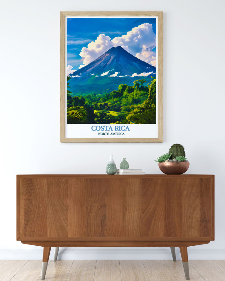 A detailed print of Arenal Volcano highlights the dramatic beauty and past eruptions of this iconic landmark. Ideal for nature enthusiasts, it captures the essence of Costa Ricas volcanic landscapes.