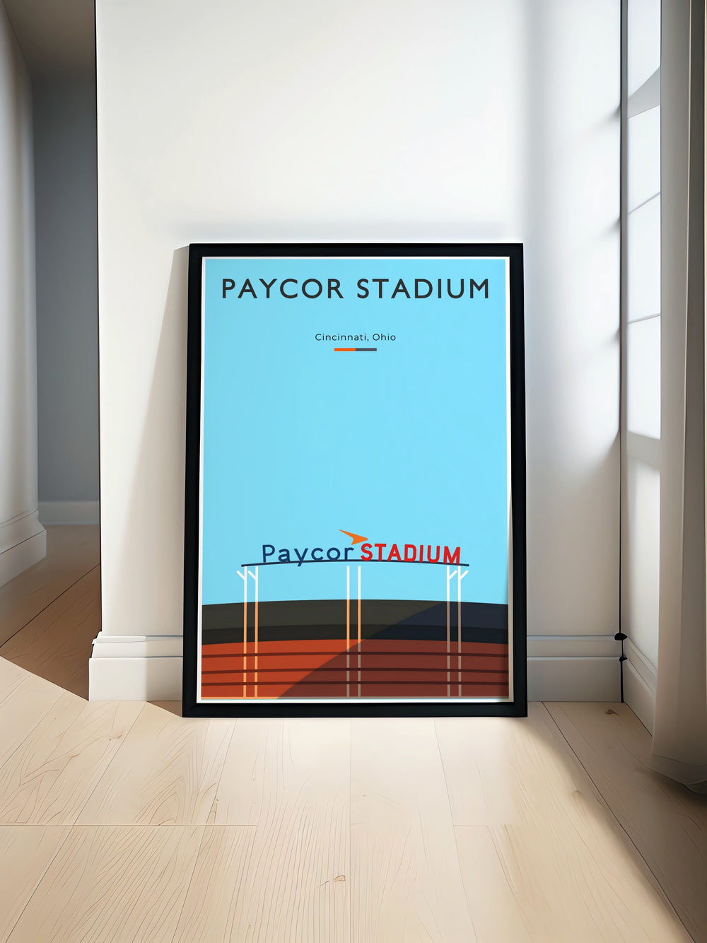 Paycor Stadium travel poster featuring Joe Burrow and Joe Mixon a vibrant Bengals wall art piece perfect for football fans looking to decorate their home with Cincinnati Bengals prints or searching for unique gifts for boys or dads