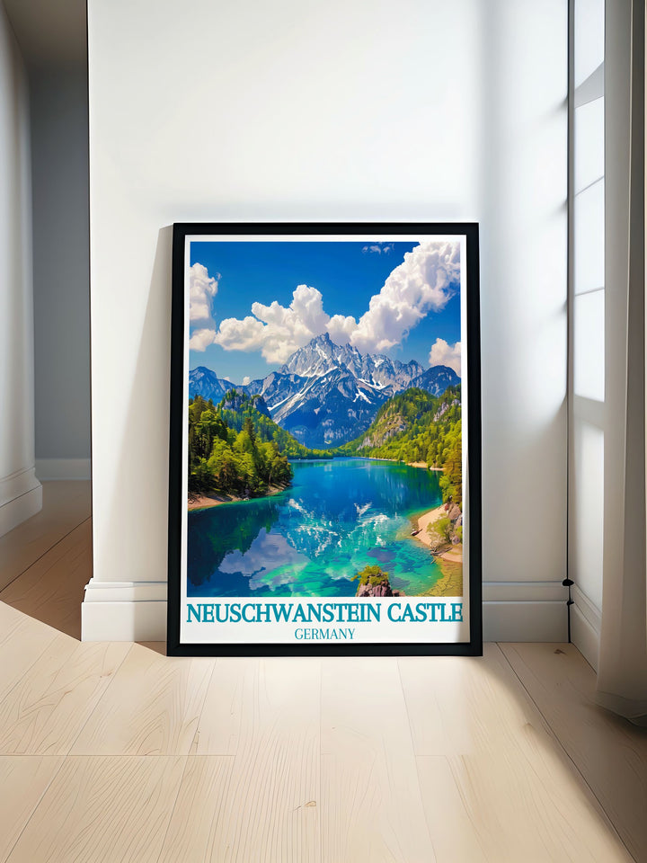 This travel poster beautifully depicts the dynamic landscapes and cultural heritage of Neuschwanstein Castle and Alpsee Lake, ideal for adding a touch of scenic beauty and history to any room.