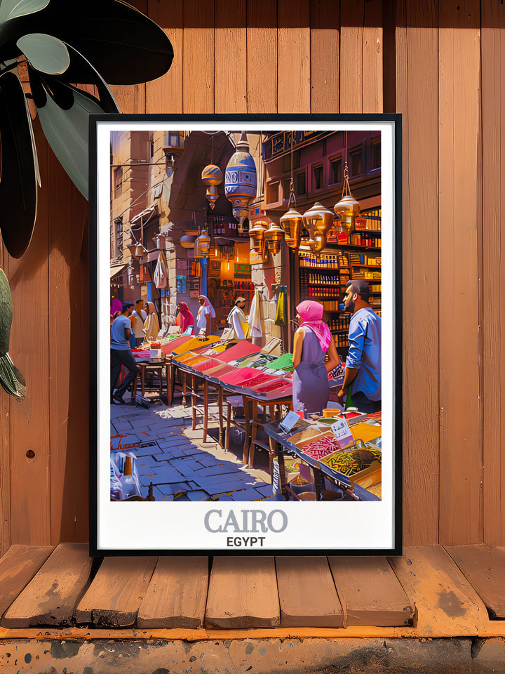 Celebrate the beauty of Cairo with this exquisite Khan El Khalili Bazaar poster ideal for home decor and personalized gifts capturing the vibrant colors and intricate details of the iconic marketplace