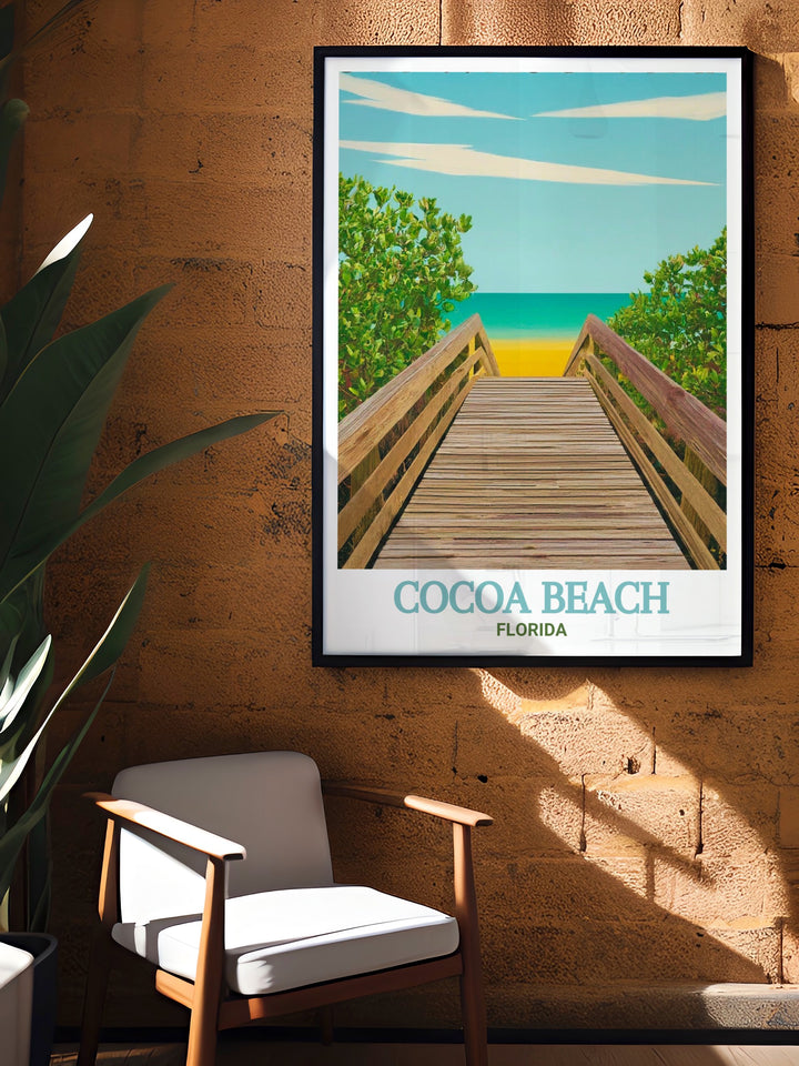 Scenic travel poster highlighting Lori Wilson Park in Cocoa Beach, Florida. This piece of art emphasizes the parks serene environment, with detailed illustrations of the boardwalk, beach, and natural surroundings, perfect for beach lovers and nature enthusiasts.