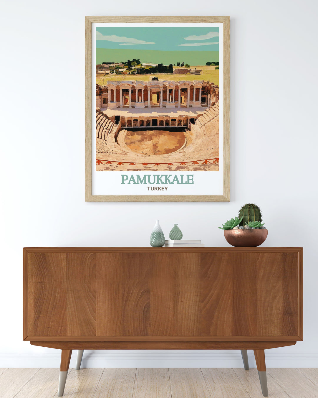 Bring the charm of Turkey into your home with this travel poster featuring Pamukkale and the Hierapolis Theatre. The artwork highlights the best of both landmarks, ideal for anyone who loves the beauty and cultural richness of Turkey.