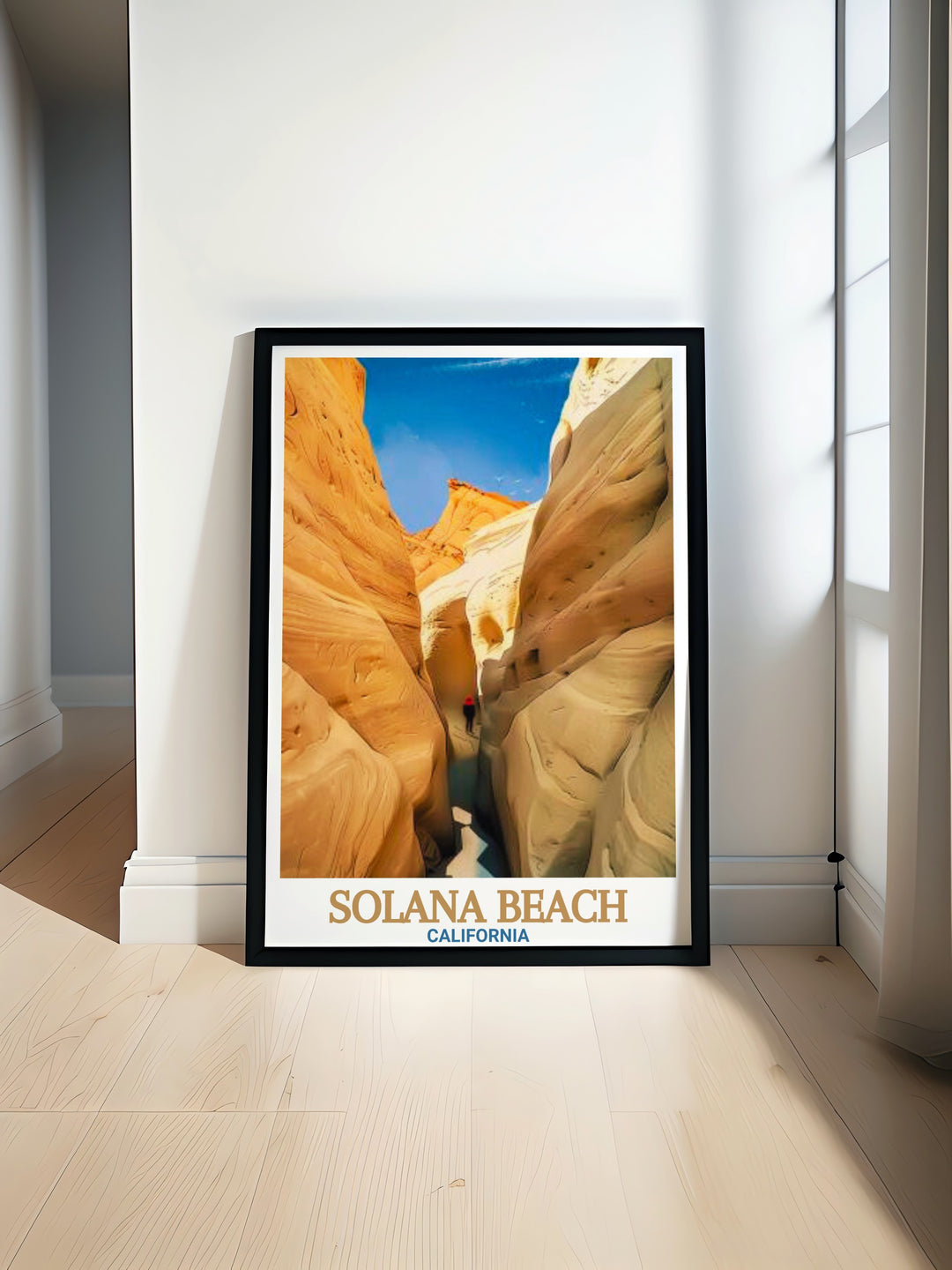 A coastal inspired art print of Solana Beach and Annies Canyon Trail in California. Ideal for beach house decor, this travel poster showcases the natural beauty of the coast and offers a perfect blend of relaxation and adventure for your home or office.