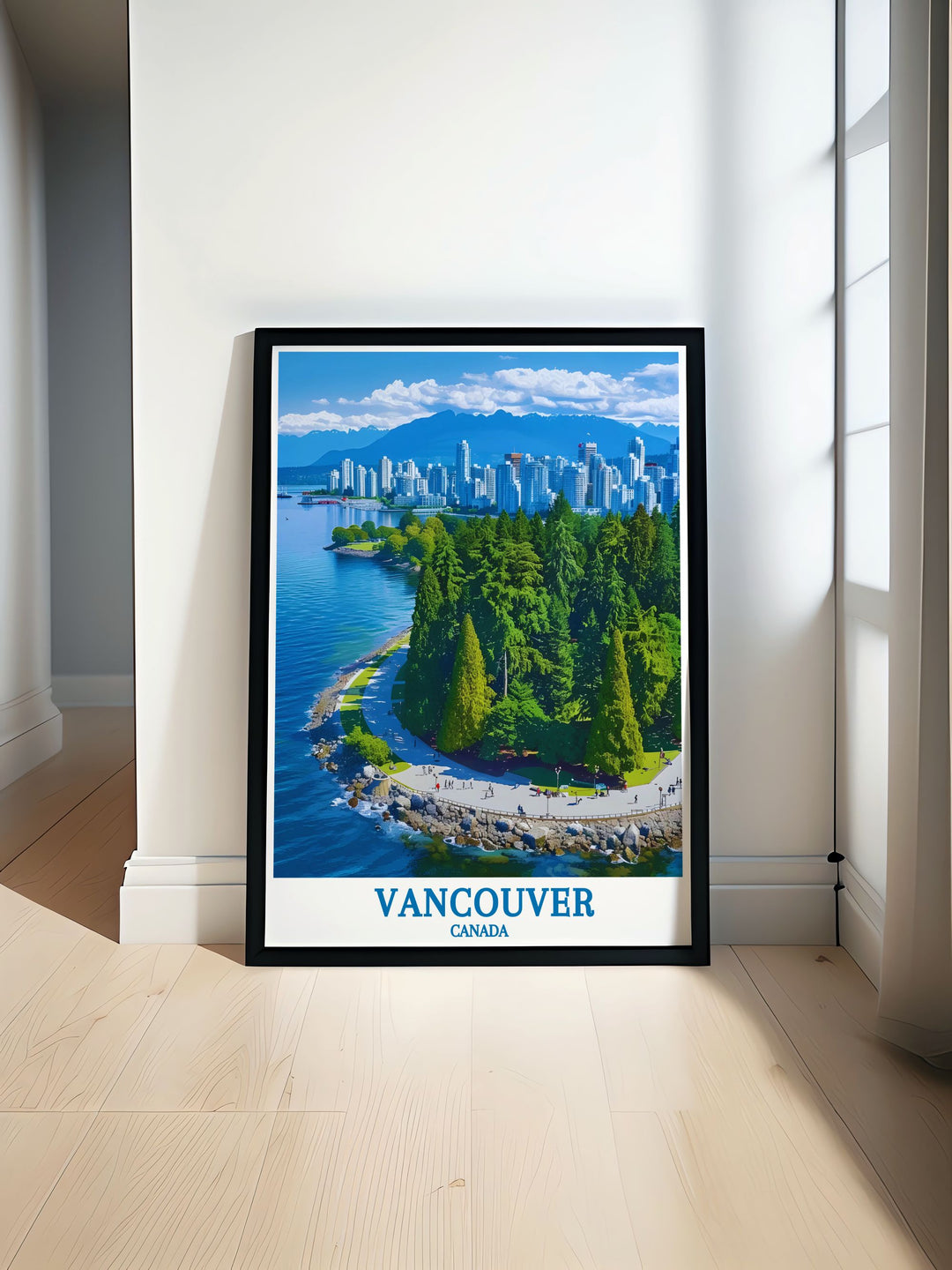 Enhance your home with the beauty of Stanley Parks diverse attractions. This detailed artwork captures the scenic Seawall, Vancouver Aquarium, and lush greenery, offering a dynamic and vibrant touch to your decor, perfect for travel and nature enthusiasts.
