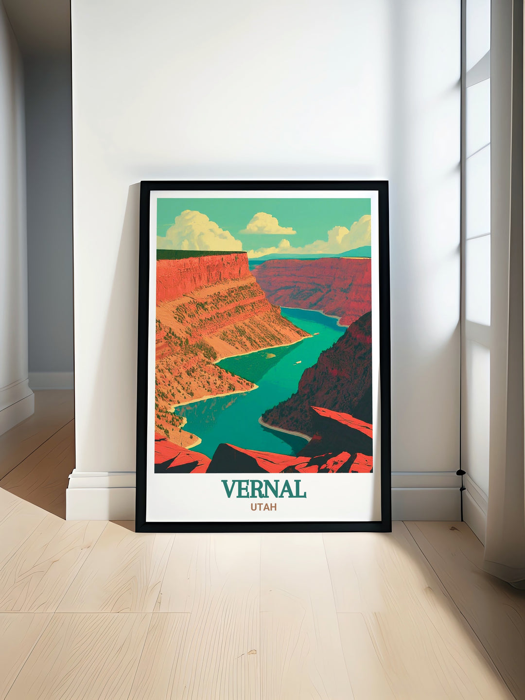 Flaming Gorge depicted in a vintage style poster. This framed art piece is a great addition to any collection, offering a glimpse into one of Utahs most scenic areas. The detailed illustration and classic design make it a timeless piece of wall art.