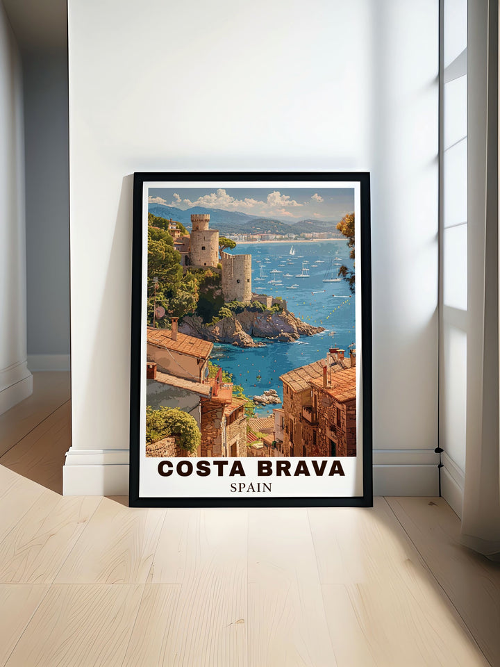 This Costa Brava poster print features the stunning medieval town of Tossa de Mar, perched along Spains Mediterranean coast. Perfect for any wall décor or as a Spain travel gift, this artwork brings the beauty of Costa Brava and its vibrant landscapes into your home.