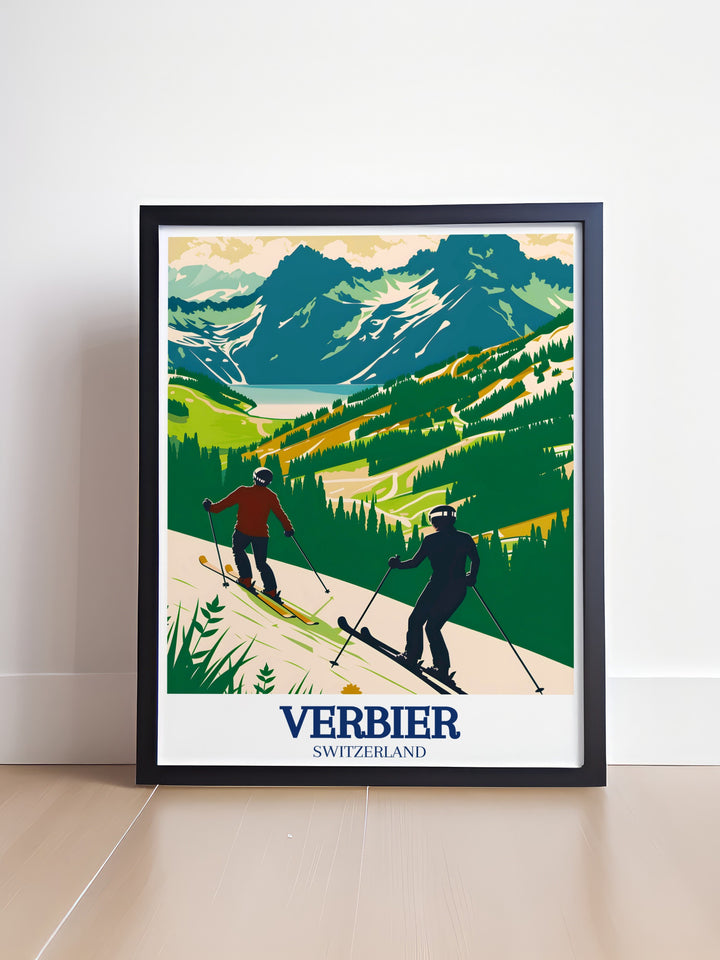 Verbier canvas art showcasing the epic winter scenery of Switzerlands famous ski resort. This stunning travel poster captures the magic of snow covered peaks and adrenaline filled ski adventures, making it a perfect gift for winter sports enthusiasts or a stylish addition to your home.