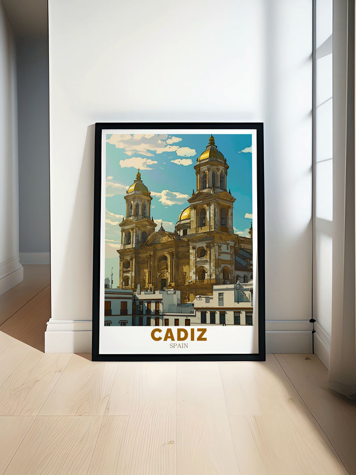 Cadiz Cathedral artwork beautifully depicts the historic Spanish landmark. Ideal for home decor or as a gift, this print highlights the architectural beauty of Cadiz Cathedral, adding elegance to any room with its stunning design and intricate details.