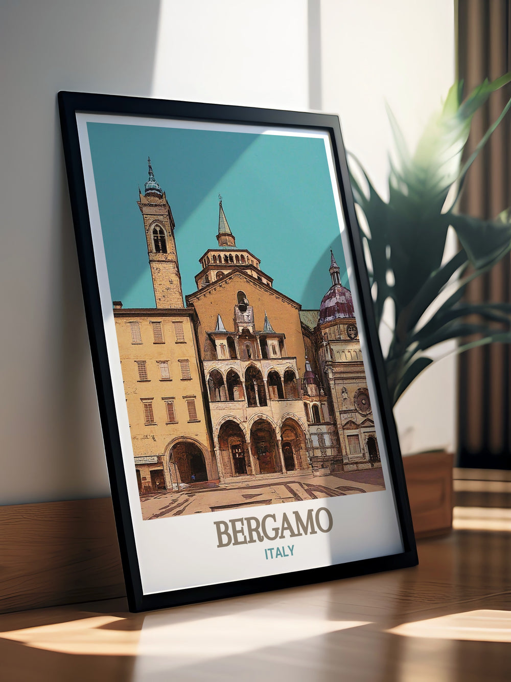 Detailed poster of Piazza Vecchia in Bergamo. Celebrating the architectural grandeur and cultural significance of this historic landmark. Perfect for art lovers and travelers. Adds a sophisticated touch to any decor. Vivid and vibrant colors.