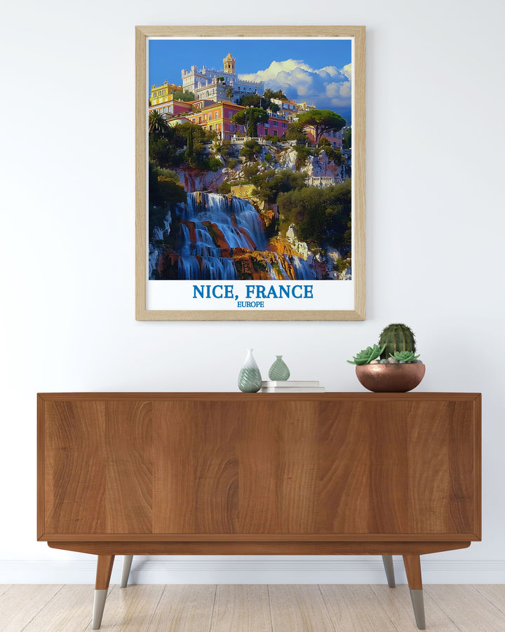 Discover the charm of Colline du Château with this detailed art print, illustrating the lush greenery, historic ruins, and cascading waterfalls that make this Nice landmark a must visit destination.