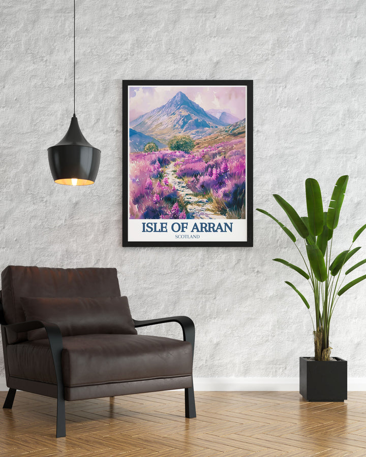 The Isle of Arran captured in a vibrant poster print, showcasing its stunning landscapes and unique charm. This artwork beautifully represents the islands natural beauty, including lush greenery and serene coastlines, making it a perfect addition to any art collection celebrating Scotland.