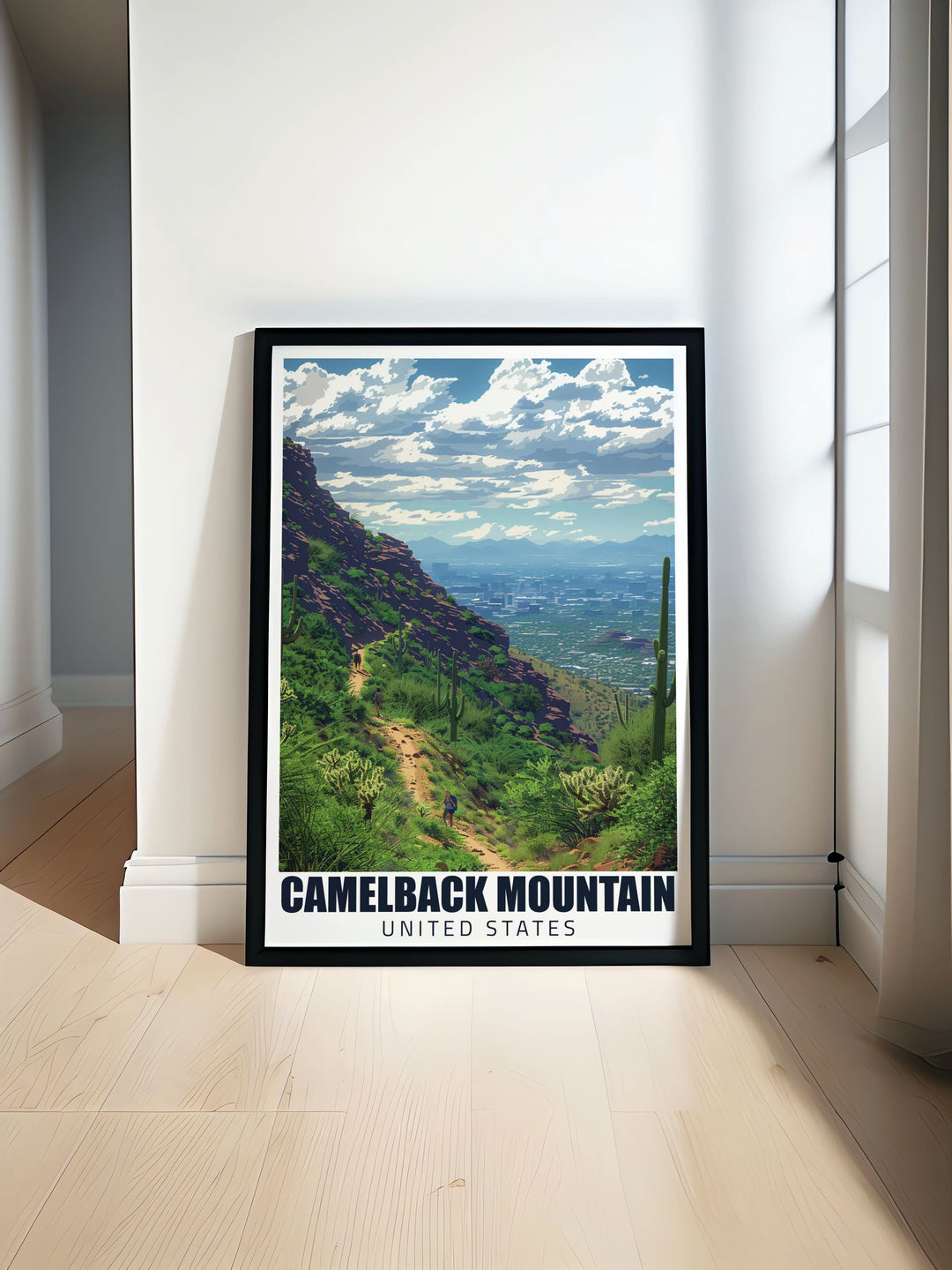 Cholla Trail artwork showcasing the vibrant beauty of Arizona with stunning landscapes of Mt. Camelback ideal for Arizona wall art lovers and travel enthusiasts. This Arizona travel print captures the essence of the Cholla Trail in every detail perfect for home decor and gifts.