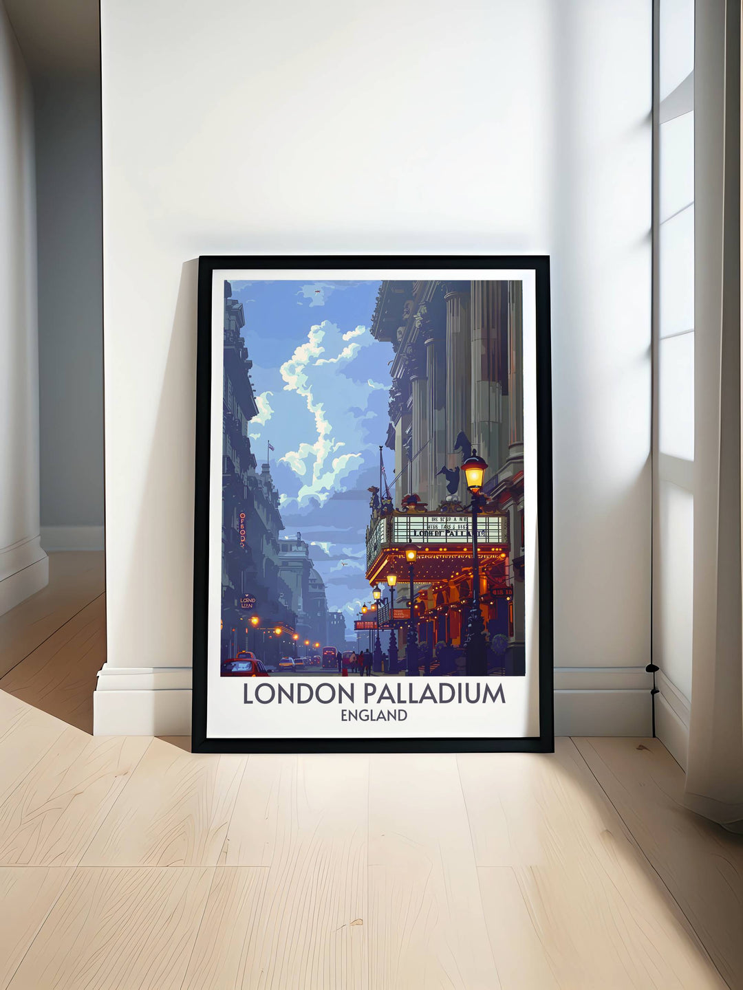 The Facade of London Palladium Modern Print showcasing the grandeur of Londons historic theatre. This Art Deco print highlights the architectural beauty and elegance of the Palladiums facade. Ideal for adding a touch of sophistication to your home decor.