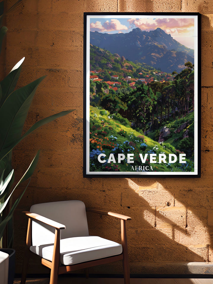 Featuring Mount Verde and the serene shores of Sao Vicente, this Cape Verde poster offers a unique view of Africas island beauty. The artwork brings together Cape Verdes volcanic landscapes and coastal charm, making it a standout piece for any travel enthusiast.