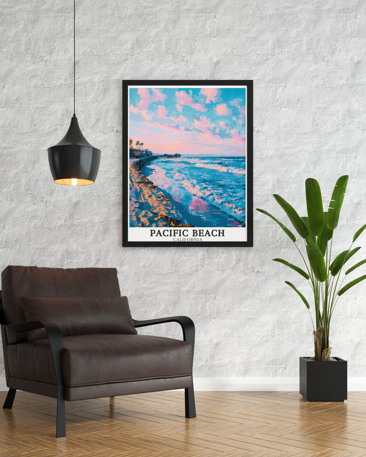 This poster print of Pacific Beach showcases the lively boardwalk and historic Crystal Pier. The art captures the coastal essence of San Diego, making it the perfect addition to your home or as a gift for anyone who loves beach destinations.