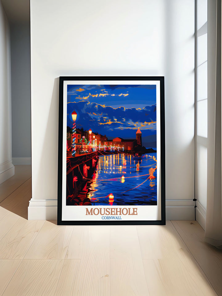 UK Travel Print featuring Mousehole Cornwall with beautiful Christmas lights perfect for home decor and gifts stunning illustration showcasing the charm of Mousehole in Cornwall ideal wall art for any room in your house