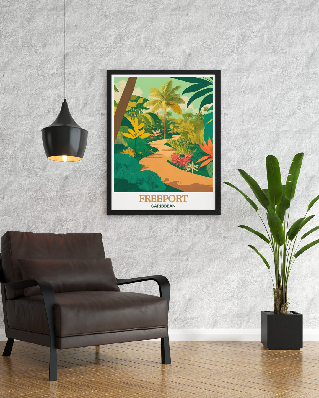 This detailed illustration of Freeport and the Garden of the Groves captures the vibrant colors and serene beauty of the Caribbean, making it a must have for anyone who loves tropical landscapes and the relaxed vibe of Caribbean decor.