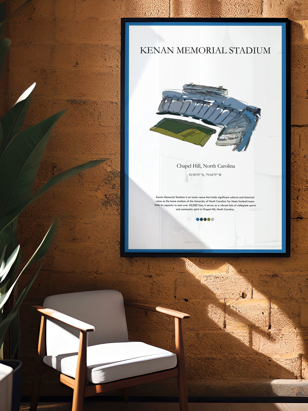 Show off your Tar Heels pride with this Kenan Memorial Stadium poster. The vibrant colors and detailed design capture the excitement of UNC football making this wall art a standout addition to your home or college dorm decor.