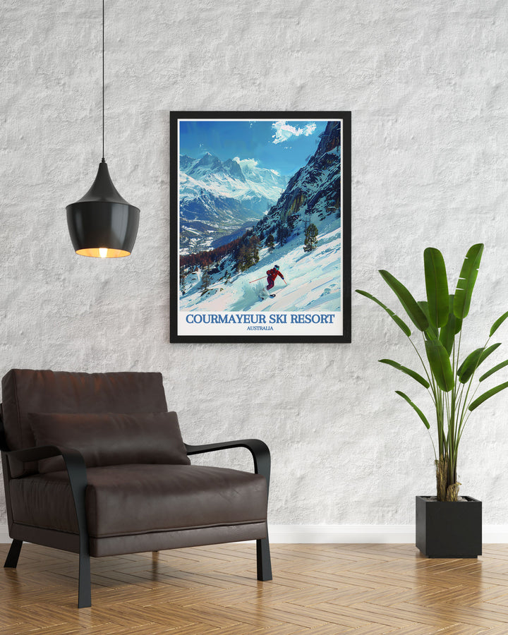 This artistic poster captures the charm of Courmayeur Ski Resort and the majestic beauty of Mont Blanc, perfect for adding a touch of Italian alpine elegance to your decor.