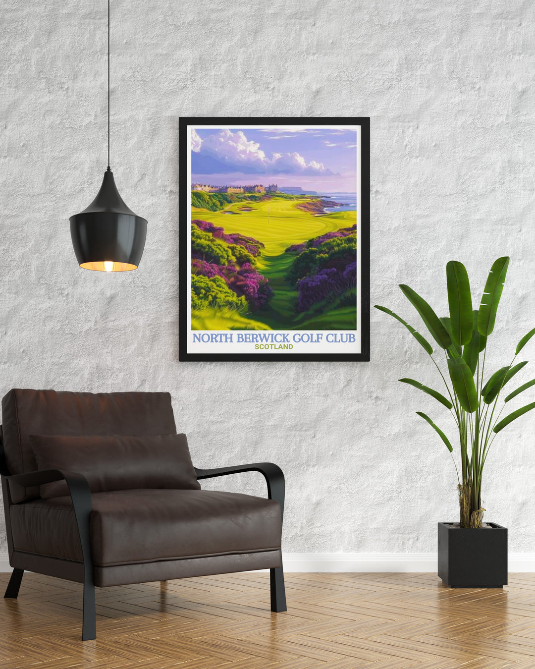 North Berwick Golf Club Poster Print showcasing the iconic links golf course along Scotlands stunning East Lothian coastline. This travel print captures the lush greens, coastal views, and historical charm of the golf club, perfect for golf enthusiasts and lovers of Scottish landscapes.