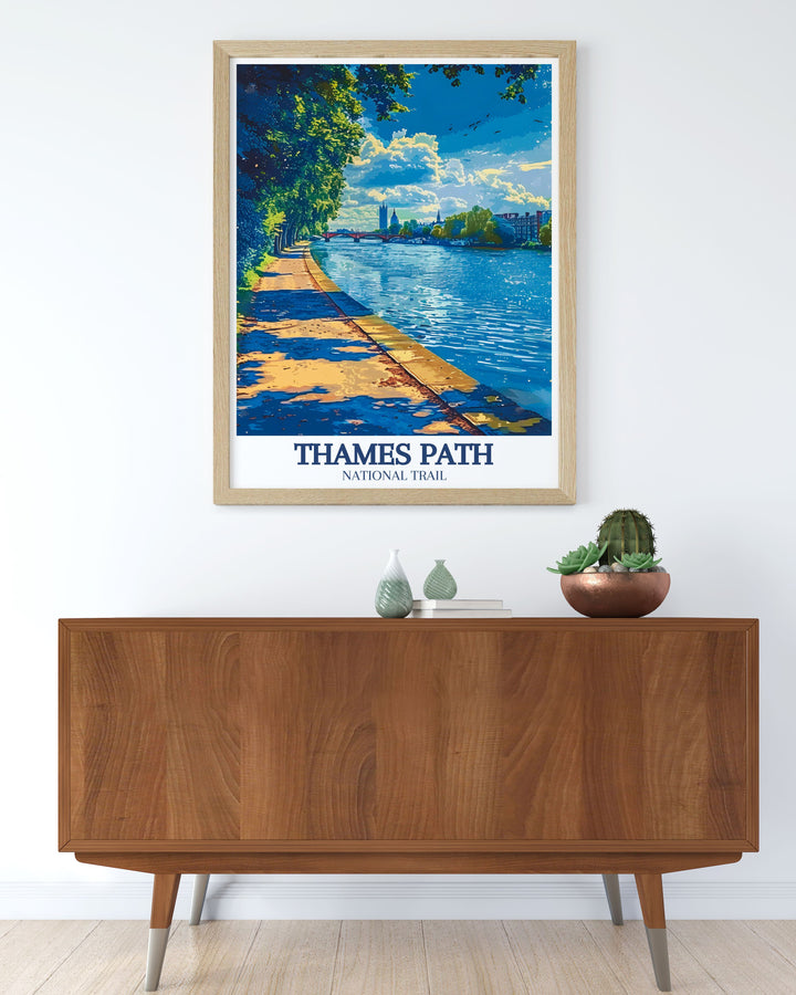 Vibrant River Thames, Big Ben poster highlighting the lush greenery and historic architecture of Richmond London perfect for gifts and enhancing the aesthetic appeal of any room with Londons iconic landmarks.