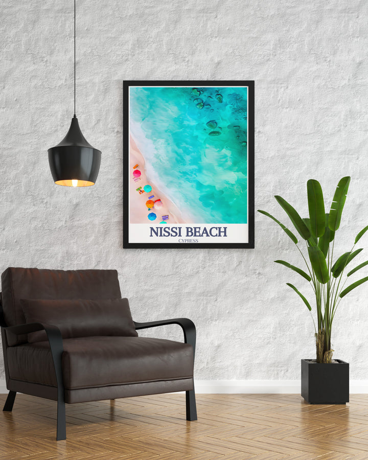 This Nissi Beach art print showcases the tranquil beauty of the Mediterranean, making it a perfect piece of wall art for any room. Featuring the stunning shoreline of Ayia Napa, this travel poster is ideal for anyone who loves Cyprus and its world renowned beaches.